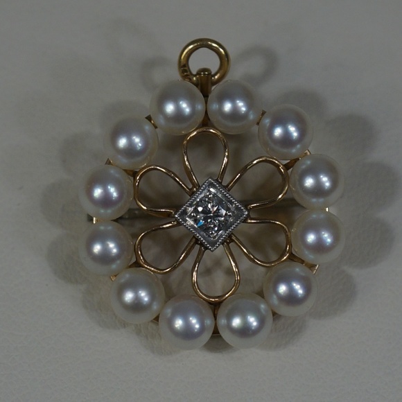 14KW & Plat. Vintage Pearl & Diamond Pend-Brooch - Picture 2 of 7